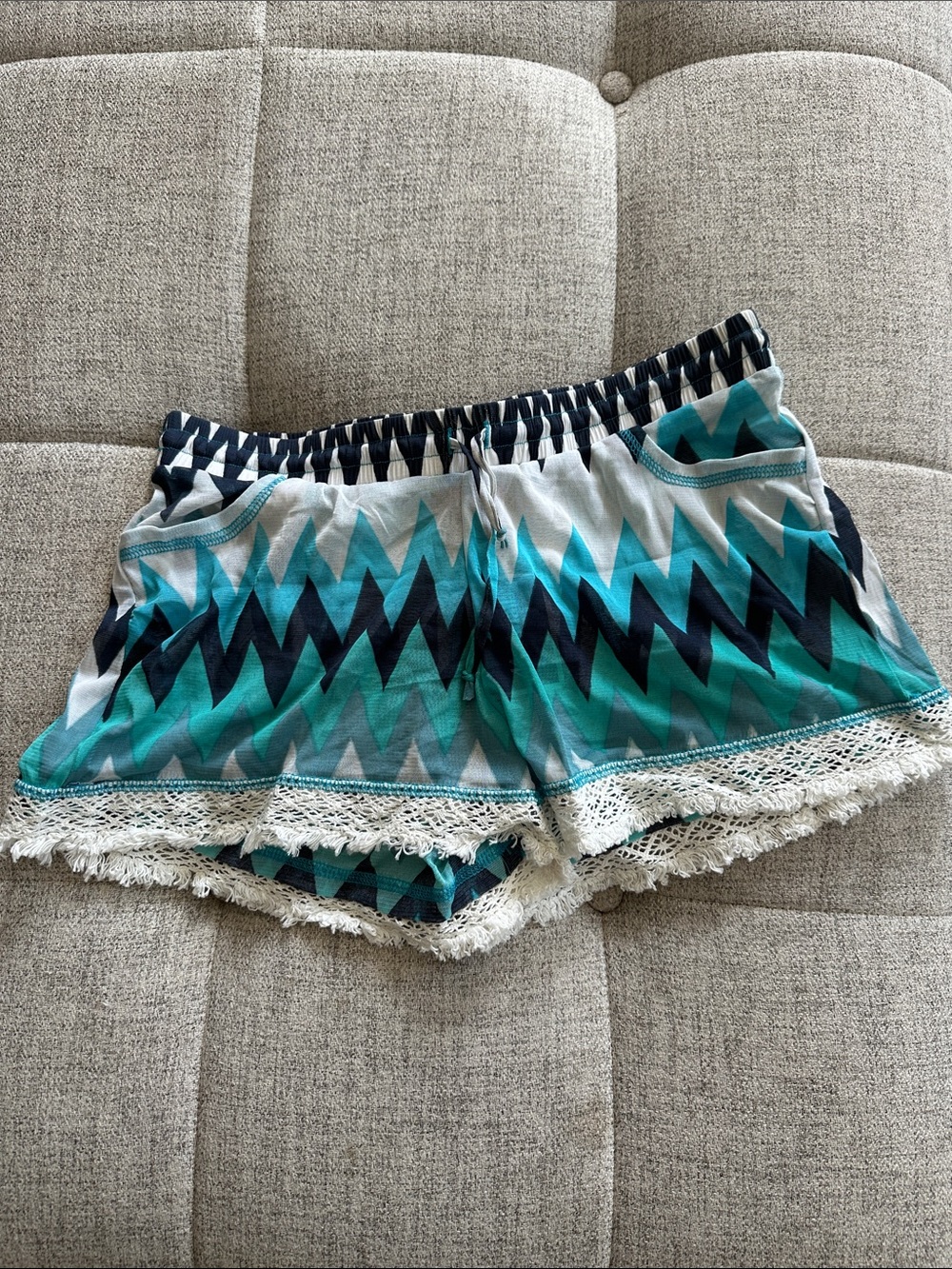 For Cynthia Teal, Navy & White Chevron Lace-Trim Sheer Beach Shorts